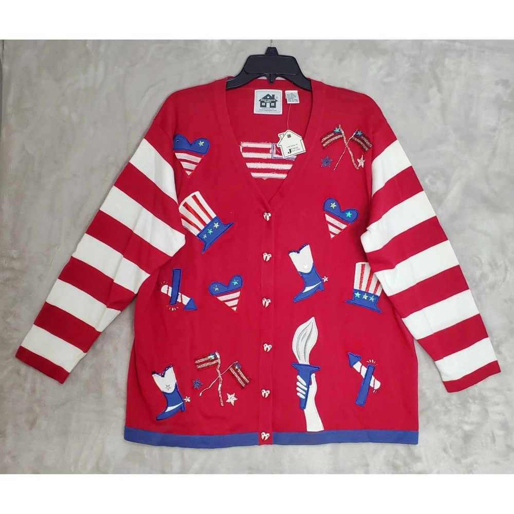 Vtg Storybook Knits Cardigan Womens 1X Patriotic Sweater 4th of July USA NWT